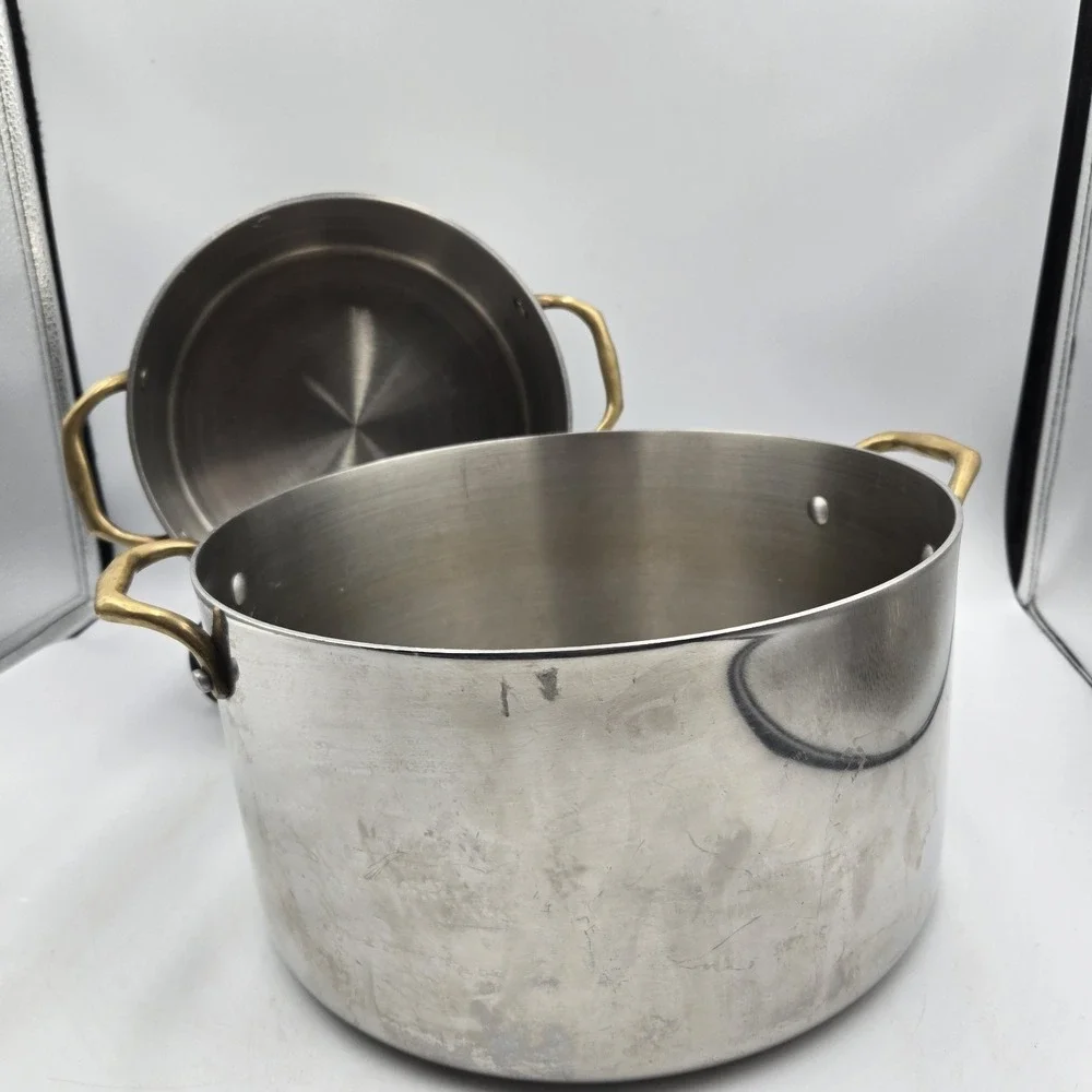 Set of 2 Vtg Atlas Metal Spinning Stainless Steel Stock Pots Brass Handle No Lid